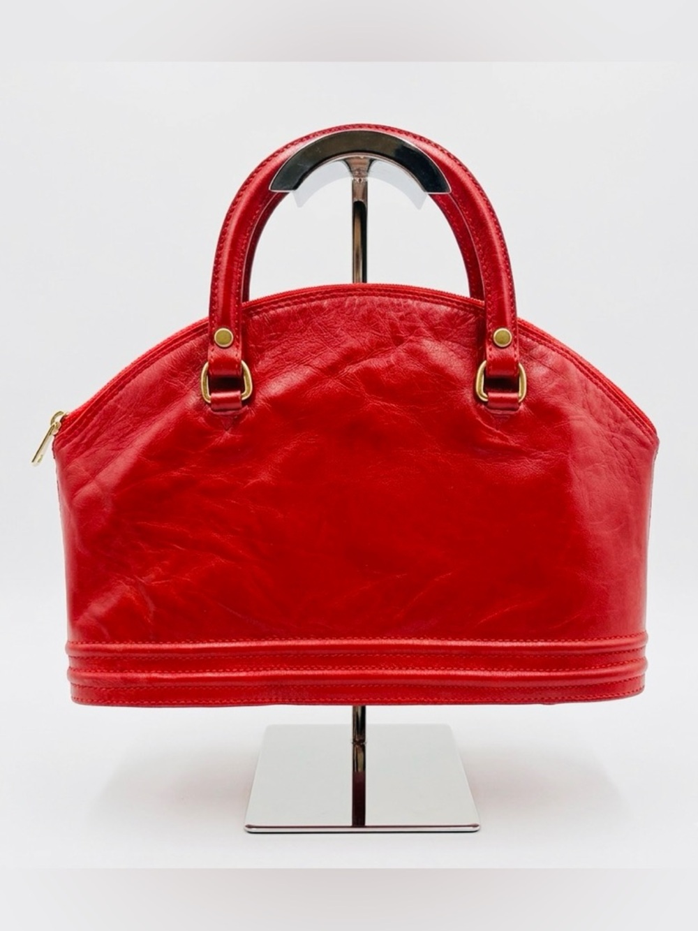 Brown’s Bravo Red Leather Dome Satchel Women Handbag Gold tone Hardware